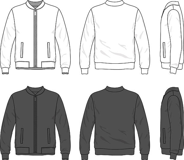 Blank bomber jacket with zipper Blank men's bomber jacket with zipper in front, back and side views. Isolated on white. jacket stock illustrations