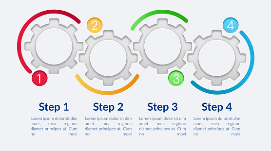 Blank circle gears vector infographic template. Fancy presentation design elements with text space. Data visualization with 4 steps. Process timeline chart. Workflow layout with copyspace