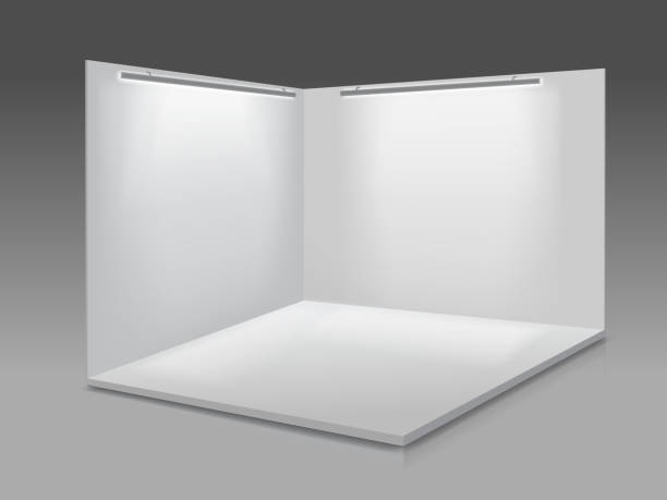 Blank display exhibition stand. White empty panels, Podium for presentations on the gray background 3d. Blank display exhibition stand. White empty panels, Podium for presentations on the gray background 3d. market retail space stock illustrations
