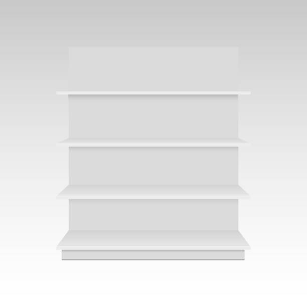 Blank empty 3D showcase display with retail shelves. Mock up template ready for your design. Front view Blank empty 3D showcase display with retail shelves. Mock up template ready for your design. Front view market retail space stock illustrations