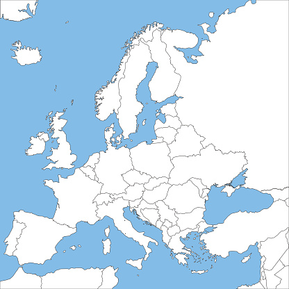 Blank map and borders throughout Europe, Mediterranean coast