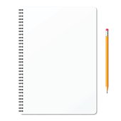 Realistic blank notebook with pencil isolated on blank background (with good and real size).