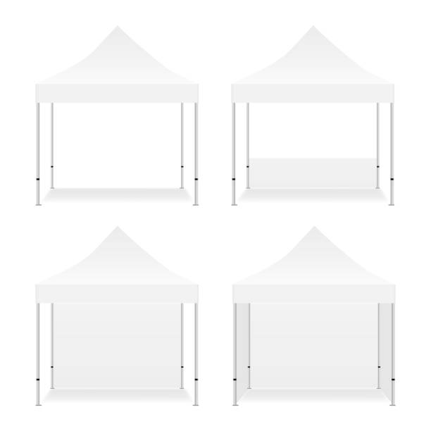Blank outdoor promotional square tents Set of blank outdoor promotional square tents mockup isolated on white background. Vector illustration canopy stock illustrations