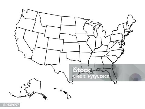 istock Blank outline map of United States of America. Simplified vector map made of thick black outline on white background 1301314197