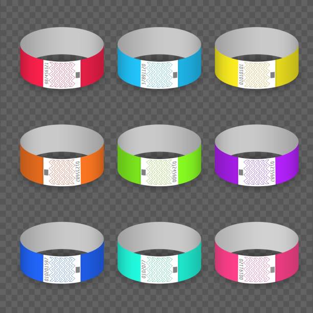 Blank paper event bracelet set Blank paper event bracelet set. Luminance colors hand band ids, branding papers bracelets for entrance and identification check isolated on transparent background wristband stock illustrations