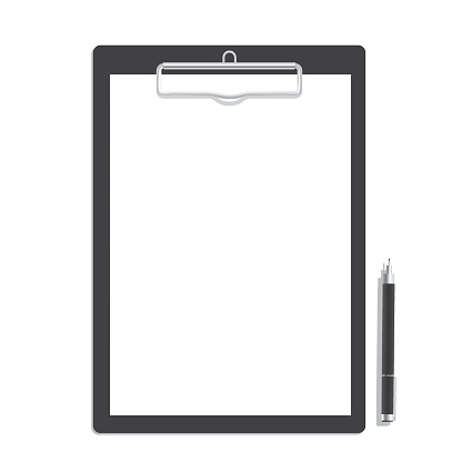 Blank paper on clipboard and black pen mock up vector.