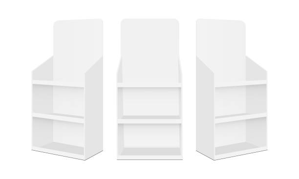 ilustrações de stock, clip art, desenhos animados e ícones de blank pos display stands with shelves, isolated on white background - display ad