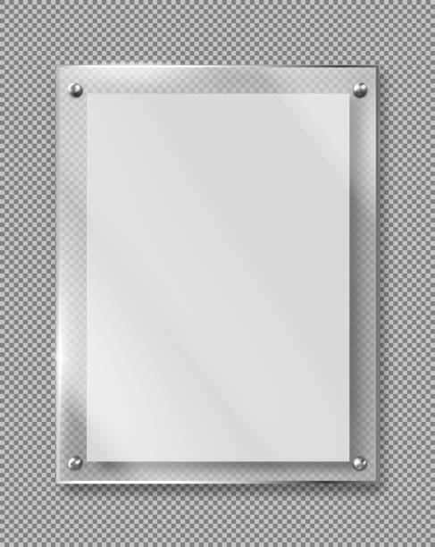 Blank poster, banner glass frame realistic vector Blank poster in glass frame hanging on wall 3d realistic vector illustration isolated on transparent background. Empty photo frame template, rectangular name plate, banner plexiglass holder mock-up exhibition photos stock illustrations