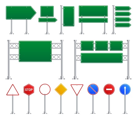 Blank street traffic sign. Road signs, isolated street highway boards. Green, yellow and red stop elements, diverse empty exact vector icons. Road way board, guide signboard and signpost