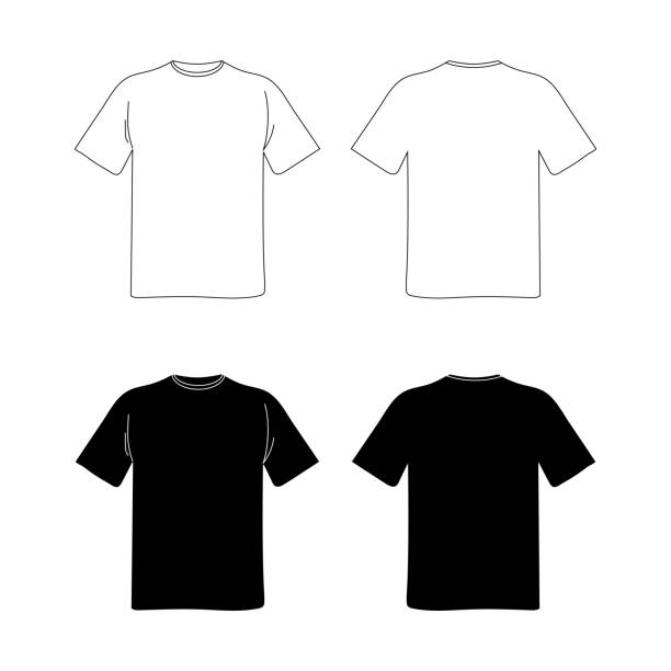 빈 티셔츠 템플릿. 흑백 벡터 이미지입니다. 플랫 일러스트레이션. 전면 및 후면 보기 모형 - t 셔츠 stock illustrations