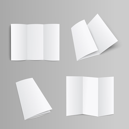 Blank trifold brochure, booklet or leaflet realistic mockup vector illustration.