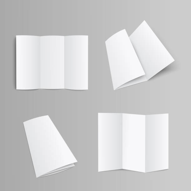Blank trifold brochure, booklet or leaflet realistic mockup vector illustration. Blank trifold pages brochure, booklet or leaflet folded and unfolded front and opposite side 3D realistic mockup vector illustration on grey background with clipping pass. brochure stock illustrations
