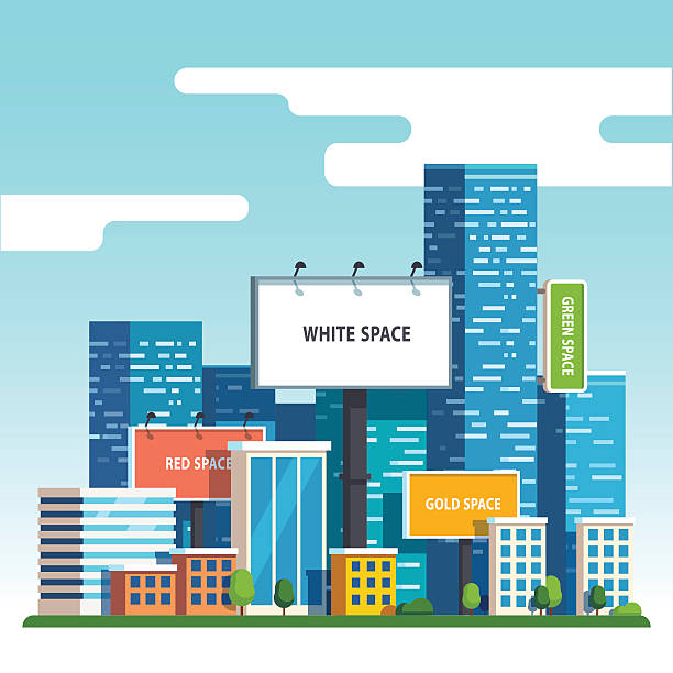 Blank urban billboards over city skyscrapers Large blank urban billboards with copy space text standing high over large city street skyscrapers buildings. Flat style vector illustration template. city clipart stock illustrations