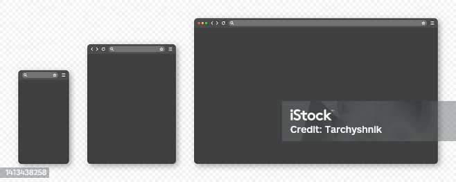 istock Blank web browser window with toolbar and search field. Modern website, internet page in flat style. Browser mockup for computer, tablet and smartphone. Adaptive UI, dark mode. Vector illustration 1413438258