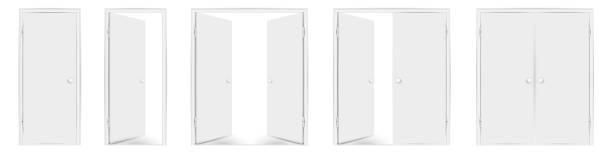 Blank white doors mock up set. Vector illustration Blank white doors mock up set. Vector illustration. Open and closed, single and double doors. Round doorhandles. symmetry stock illustrations