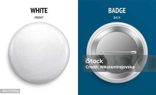 istock Blank white glossy badge or button. 3d render. Round plastic pin, emblem, volunteer label. Front and Back Side. Vector. 1047121956