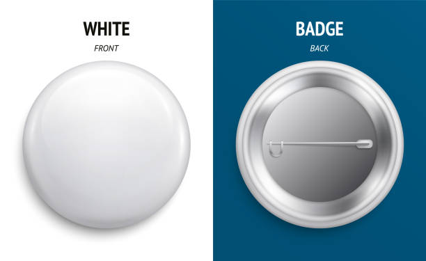 空白の白い光沢のあるバッジまたはボタン。3 d のレンダリング。丸いプラスチック製のピン、エンブレム、ボランティアのラベル。前面と背面側。ベクトル。 - 押しボタン点のイラスト素材／クリップアート素材／マンガ素材／アイコン素材