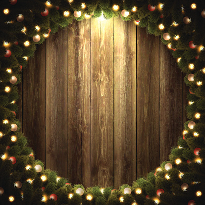Blank Wooden Background with bright Christmas wreath