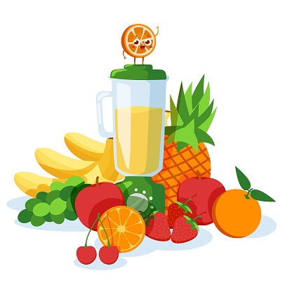 Blender with fresh fruit juice vector illustration. Refreshing healthy drink smoothie blended from orange, banana, pineapple.