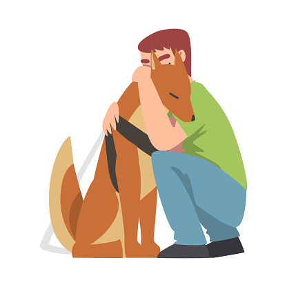 Blind Man Hugging his Seeing Eye Dog, Trained Animal Guiding Disabled Person, Rehabilitation, Handicapped Accessibility Concept Cartoon Vector Illustration