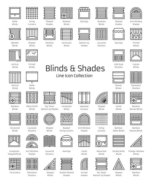 Blinds & Shades. Window shutters & panel curtains. Home decorative elements. Window coverings. Line icon collection. Blinds & Shades. Sun protection. Room darkening & light blocking  jalousies. Interior shutters & panel curtains. Home decorative elements. Window coverings. Line icon collection. window symbols stock illustrations