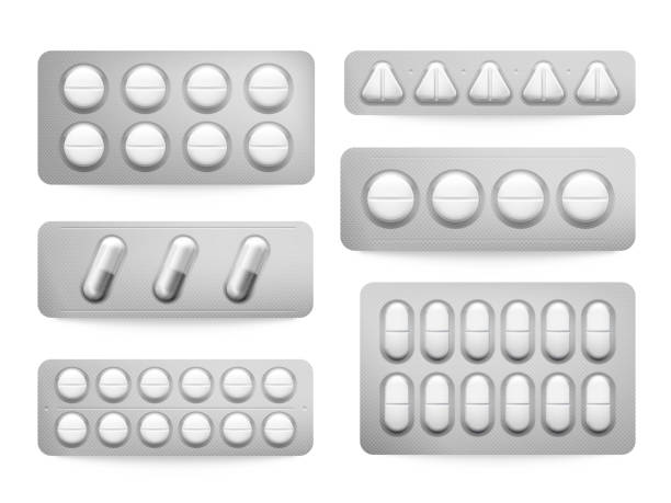 bildbanksillustrationer, clip art samt tecknat material och ikoner med blisterförpackningar vit paracetamol piller, aspirin kapslar, antibiotika eller smärtstillande läkemedel. receptbelagda läkemedel packning vektor set - alvedon