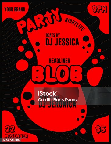 istock Blob Nightclub Party DJ or Musician Lineup Event Poster and Flyer Template with Splash of Red on Black Background 1287731260