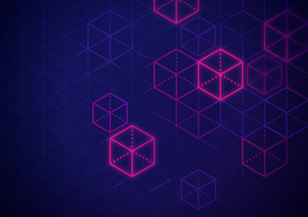 Blockchain Abstract Background Blockchain and cryptocurrency dark isometric cubes background. toy block stock illustrations