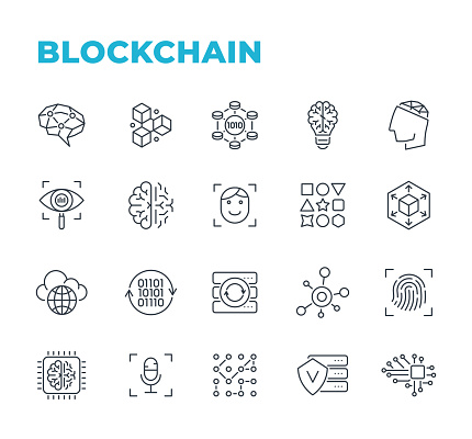 Set of icons: Blockchain, Cryptocurrency, Bitcoin
