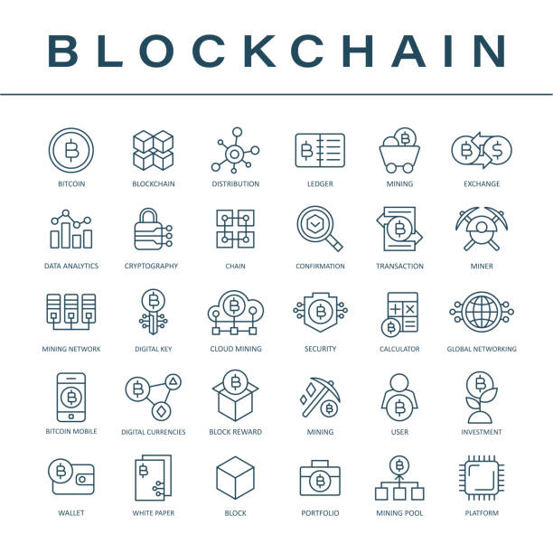 Blockchain Cryptocurrency Bitcoin Icon Set - Thin Line Blockchain Cryptocurrency Bitcoin Icon Set - Thin Line construction platform stock illustrations