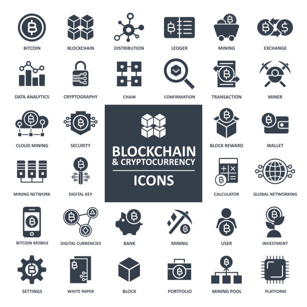 ilustraciones, imágenes clip art, dibujos animados e iconos de stock de conjunto de icono de bitcoin blockchain cryptocurrency - bitcoin