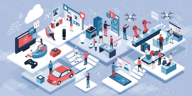 Blockchain, internet of things and lifestyle Blockchain, internet of things and lifestyle: people using connected devices and touch screen interfaces, robots and smart industry artificial intelligence illustrations stock illustrations