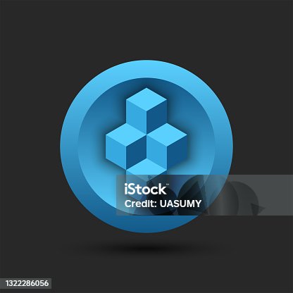 istock Blockchain logo for cryptocurrency on a round blue background, cubes isometric 3d geometric shape. 1322286056