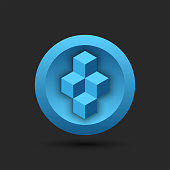 istock Blockchain logo for cryptocurrency on a round blue background, cubes isometric 3d geometric shape. 1322286056