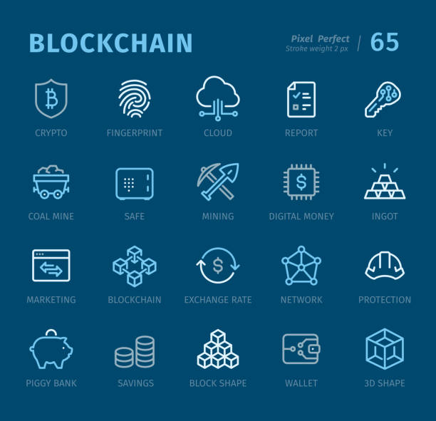 Blockchain - Outline icons with captions Blockchain - 20 three-color outline icons with captions / Pixel Perfect Set #65 / Icons are designed in 48x48pх square, outline stroke 2px.

First row of outline icons contains: 
Crypto, Fingerprint, Cloud, Report, Key;

Second row contains: 
Coal Mine, Safe, Minning, Digital Money, Ingot;

Third row contains: 
Marketing, Blockchain, Exchange Rate, Network, Protection;

Fourth row contains:
Piggy Bank, Savings, Block Shape, Wallet, 3D Shape.

Complete Captico icons collection - https://www.istockphoto.com/collaboration/boards/L98ewPMHpUStg1uF0pmcYg blockchain illustrations stock illustrations
