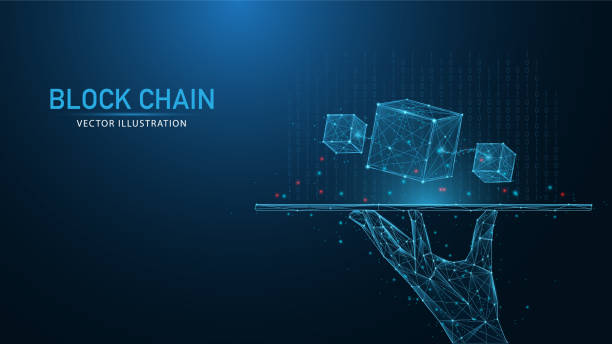 Blockchain technology concept on Low poly or polygonal style design with a chain of encrypted blocks to secure cryptocurrencies and bitcoin for online payments and money transaction on virtual screen vector art illustration