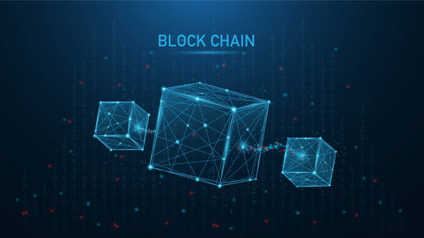 Blockchain technology concept on Low poly or polygonal style design with a chain of encrypted blocks to secure cryptocurrencies and bitcoin for online payments and money transaction vector art illustration