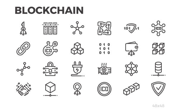 blockchain 기술 아이콘입니다. 암호화, 암호화 통화 및 다른 기호입니다. 편집 가능한 선입니다. - 블록체인 stock illustrations