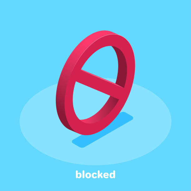 blocked isometric vector image on a blue background, a red blocking sign, a ban on anything exclusion stock illustrations