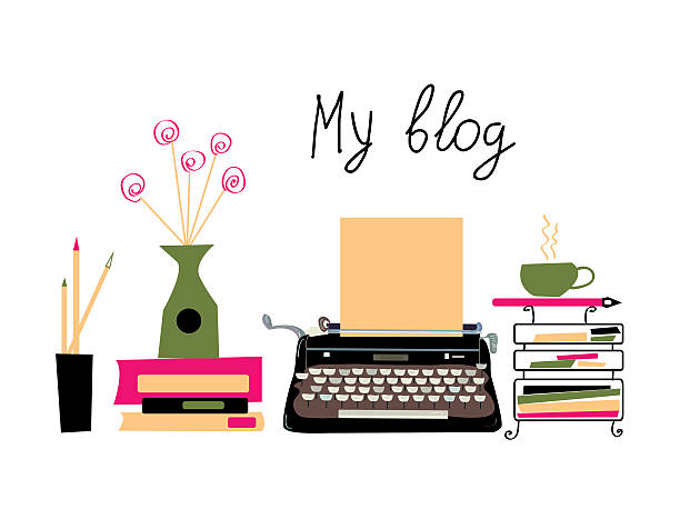 Blog banner with typing machine and books vector art illustration