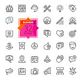 Blogger, blogging, blog -  thin line web icon set. Contains such Icons as Premium Content, Followers, Personal Brand and more. Outline icons collection. Outline icons collection. Simple vector illustration.