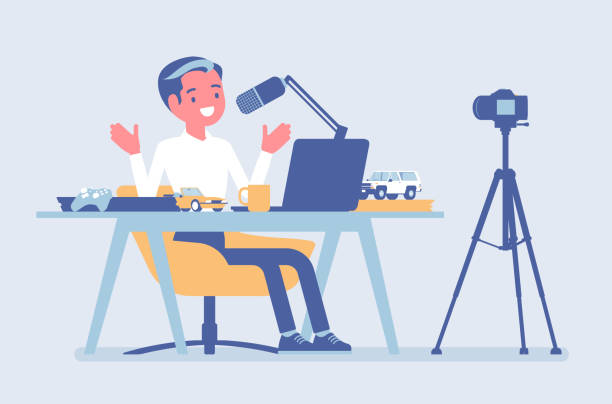 Blogger podcaster streaming Blogger podcaster streaming. Man writing material to blog, reviewing for online journal or website content, posting short videos to a vlog, recording program. Vector flat style cartoon illustration radio broadcasting illustrations stock illustrations