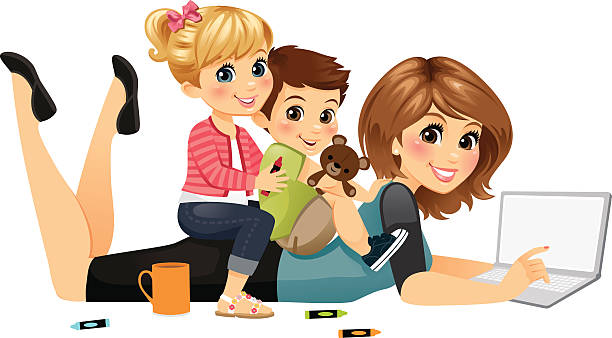 Blogging Mom with Kids A mom  on her laptop with her two children playing on her back.  heyheydesigns stock illustrations