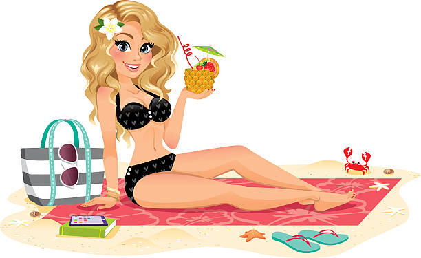 Blond Girl Relaxing on Beach A beautiful blond girl relaxing on the beach. Background is on separate layer. EPS 10, sunglasses, and shadows (under girl, under glasses). blond hair stock illustrations