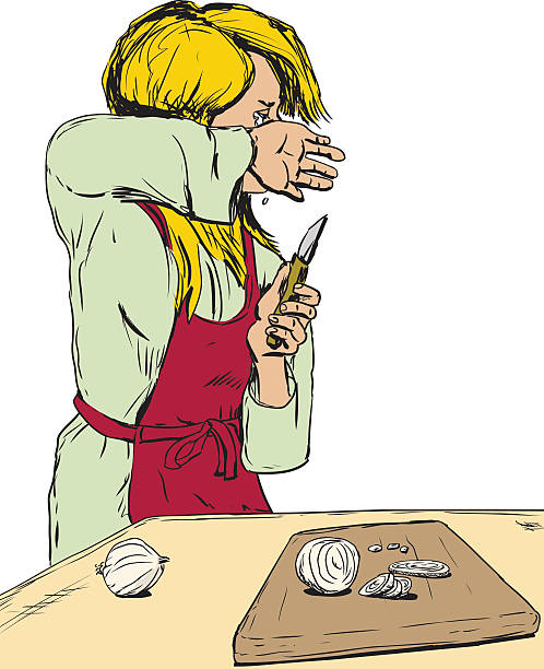 ilustrações de stock, clip art, desenhos animados e ícones de mulher loiro choro como ela pedaços de cebola - woman chopping vegetables