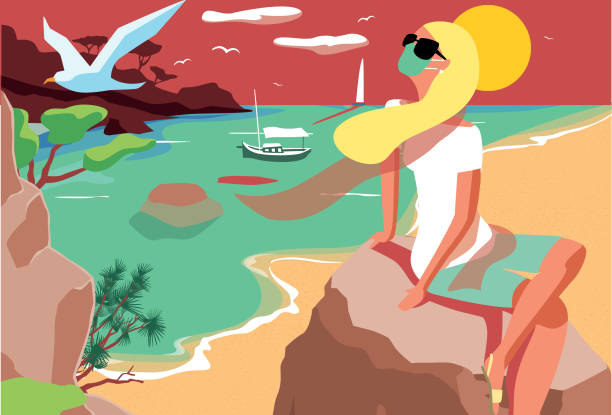 illustrazioni stock, clip art, cartoni animati e icone di tendenza di donna bionda che guarda il tramonto in mare - ibiza
