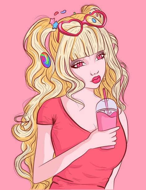 sarışın anime kız elinde plastik bir fincan tutan. pembe lolita kadın saçında şekerler ile çevrili. - curley cup stock illustrations
