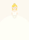 Blonde bride character with bouquet of flowers on a plain silver background. Ideal for an invite or card, with plenty of space for copy to be added in the white of the wedding dress.