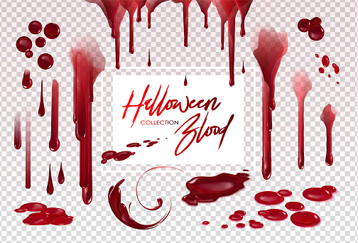 Blood collection, Happy Halloween decoration, Vector bloody horror drop, drip, splatter, creepy splash, spot...