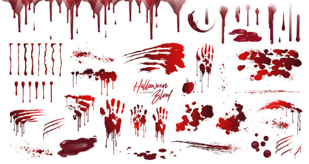 Blood collection, Happy Halloween decoration, Vector bloody horror drop, drip, splatter Blood collection, Happy Halloween decoration, Vector bloody horror drop, drip, splatter, creepy splash, spot. Realistic blood on transparent background, isolated. murder stock illustrations